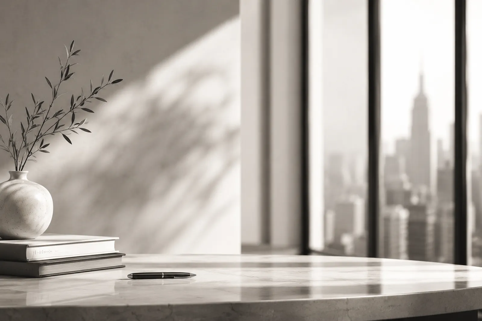 Minimal monochrome editorial still life with books, pen, vase, and city light, used for Shariq Refai's Perspectives section.