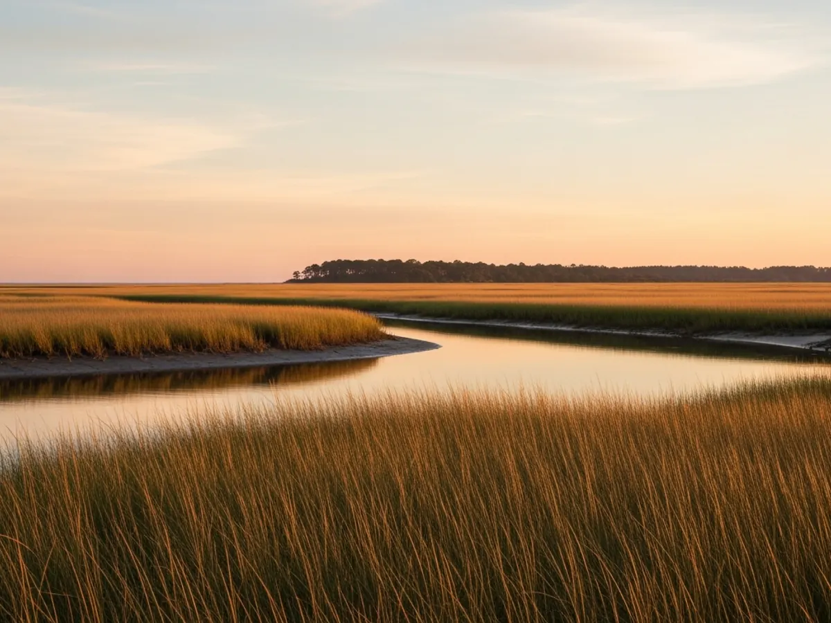 A Jacksonville Florida coastal marsh at golden hour, with calm tidal water and warm light, anchoring Dr. Refai's home base.