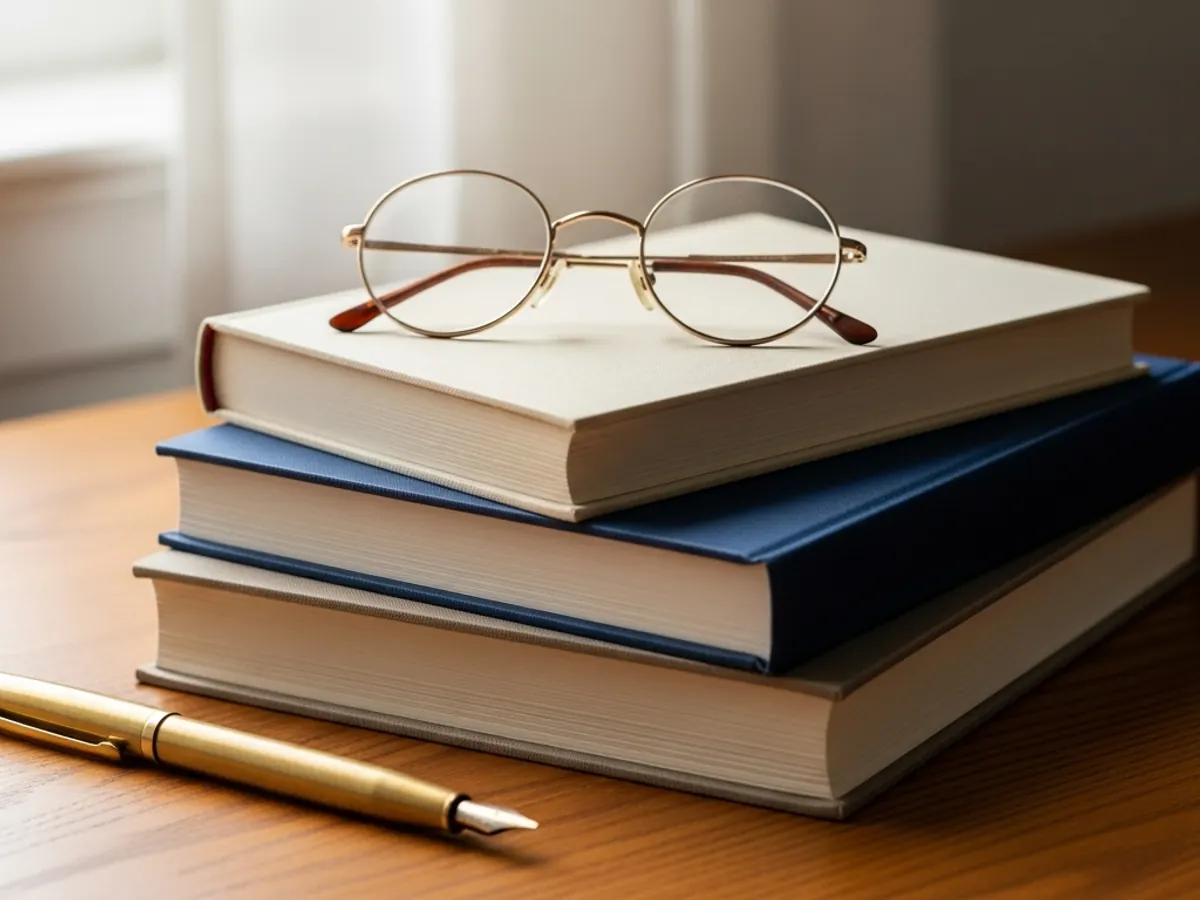 A small stack of hardcover books on a warm wooden desk with reading glasses and a brass fountain pen, in soft natural window light.