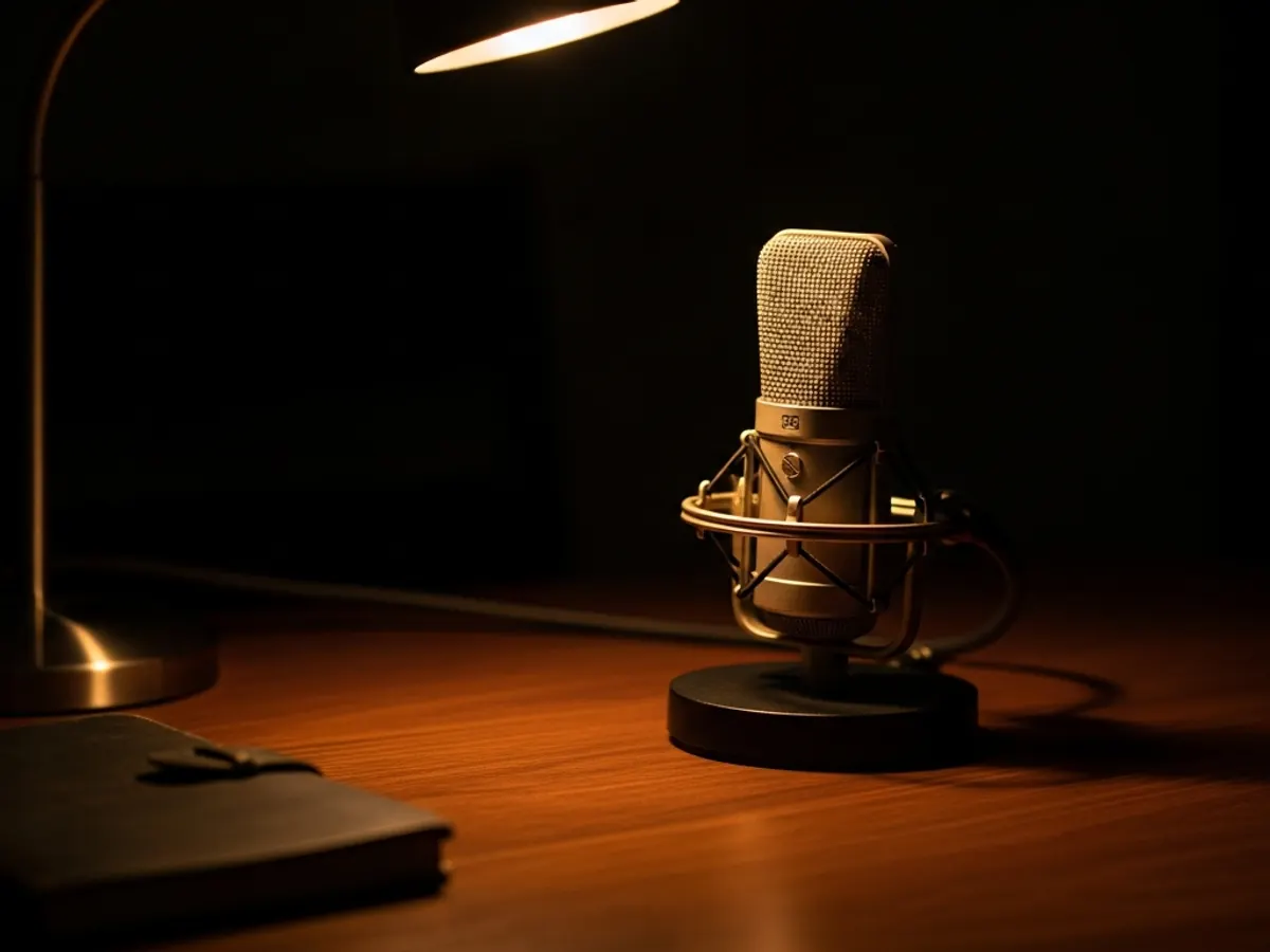 A vintage broadcast condenser microphone on a dark wooden desk in a small pool of warm tungsten light, evoking podcast and press interviews.