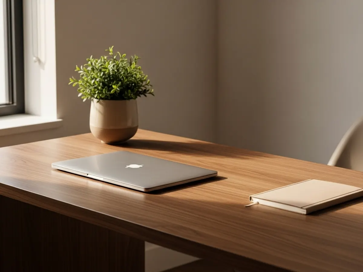 A minimalist modern clinical workspace with a warm walnut desk, closed laptop, soft beige notebook, and a small green plant in soft daylight.