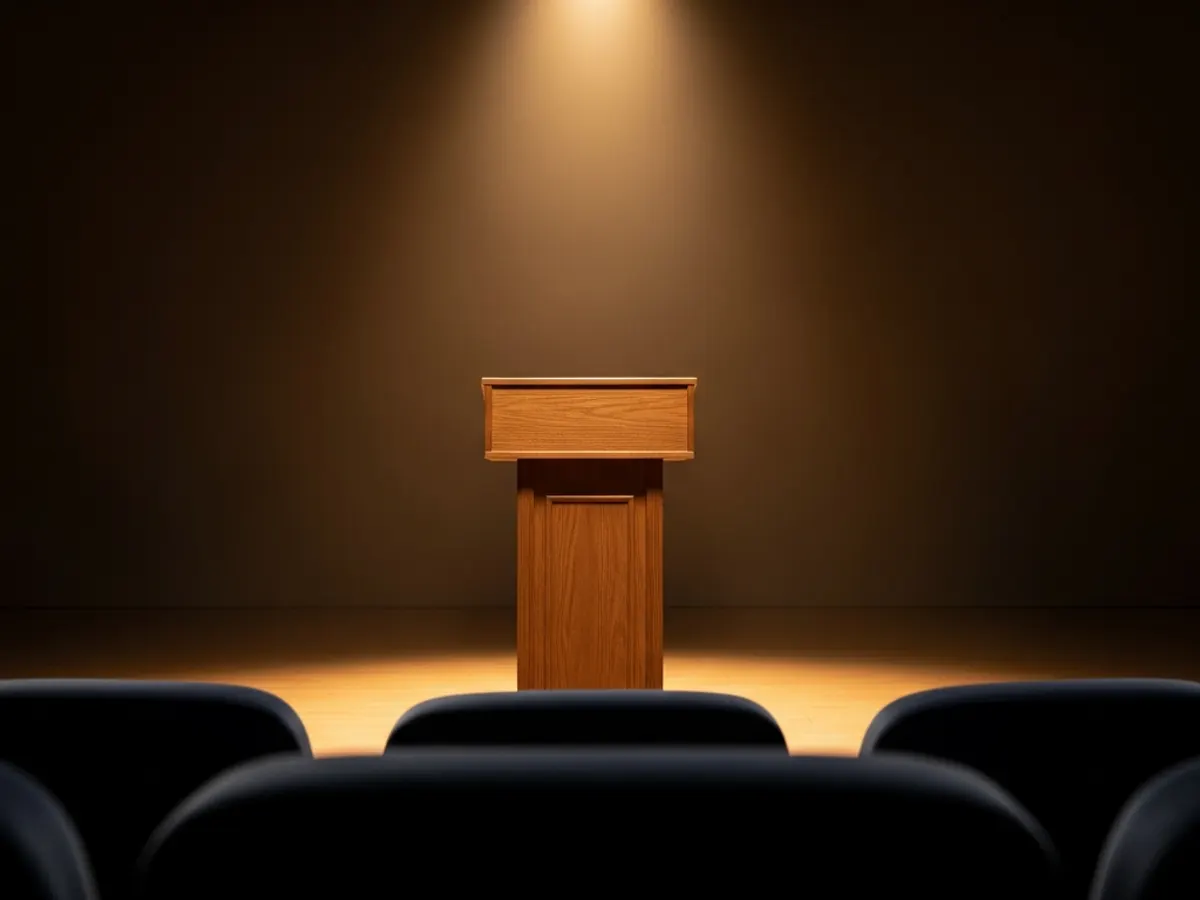 An empty wooden lectern on a softly lit stage with rows of velvet seats slightly out of focus, lit by a warm gold spotlight.