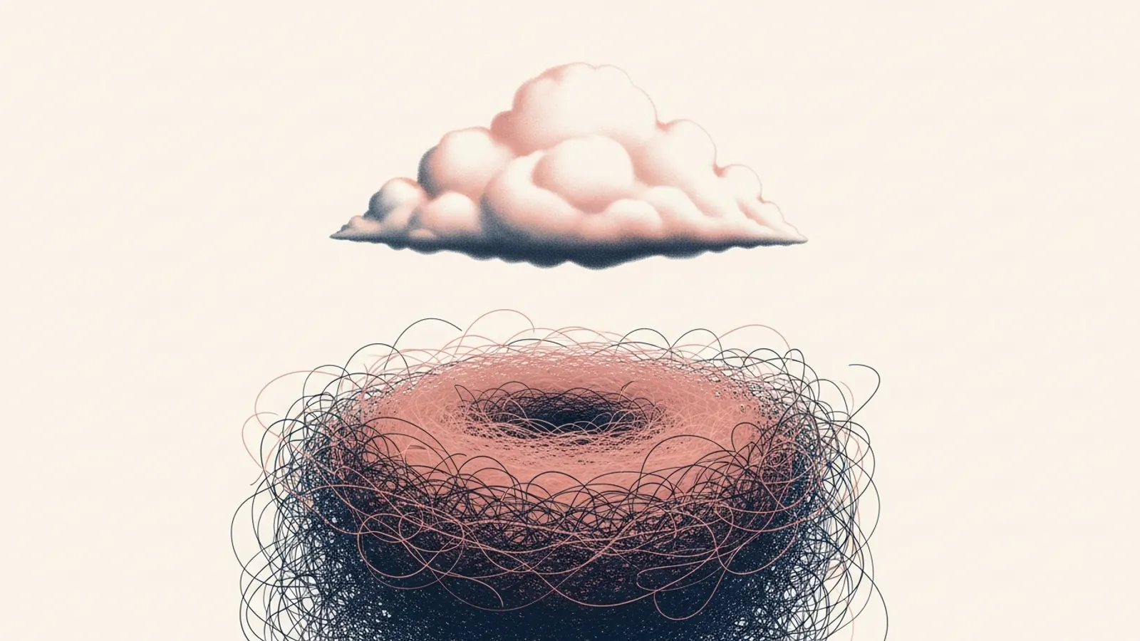 Editorial illustration of a single soft cloud floating above a tangled storm of fine lines, representing the difference between a passing thought and active thinking.