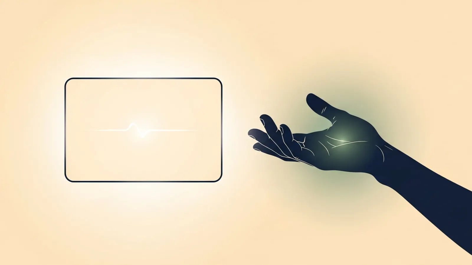 Editorial illustration of a hand reaching toward a softly glowing screen with a single pulse line, representing the gap between digital convenience and real care.