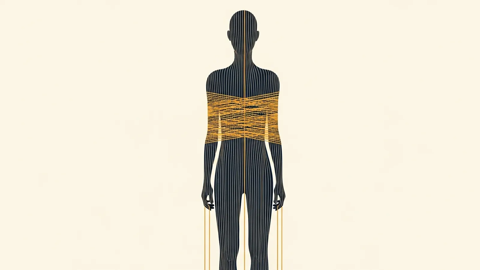 Editorial illustration of a tall slender figure formed from taut strings under tension, representing the high performer pattern.