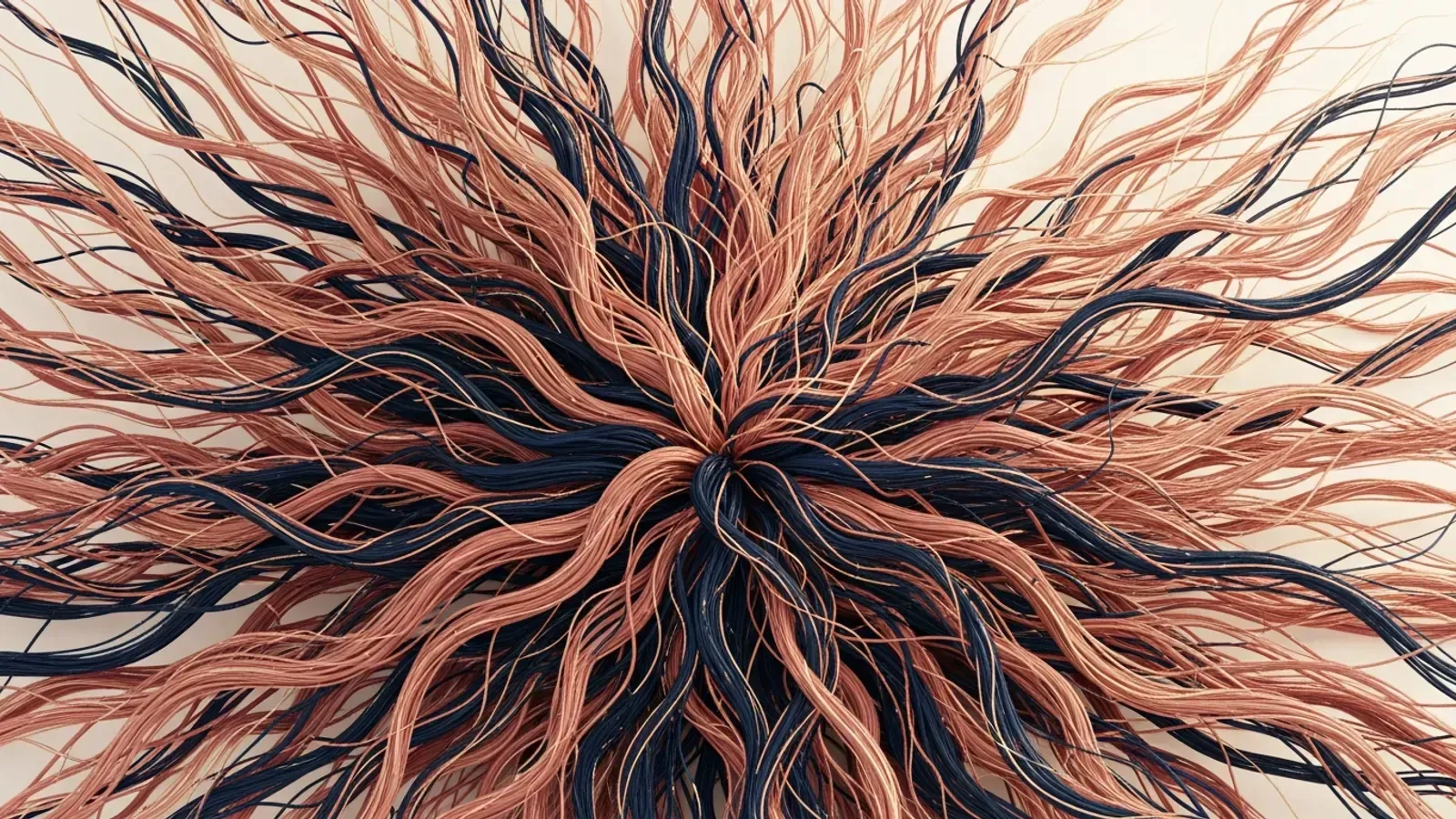 Editorial illustration of an overgrown tangle of warm threads expanding outward from a single point, representing analysis that compounds anxiety instead of resolving it.