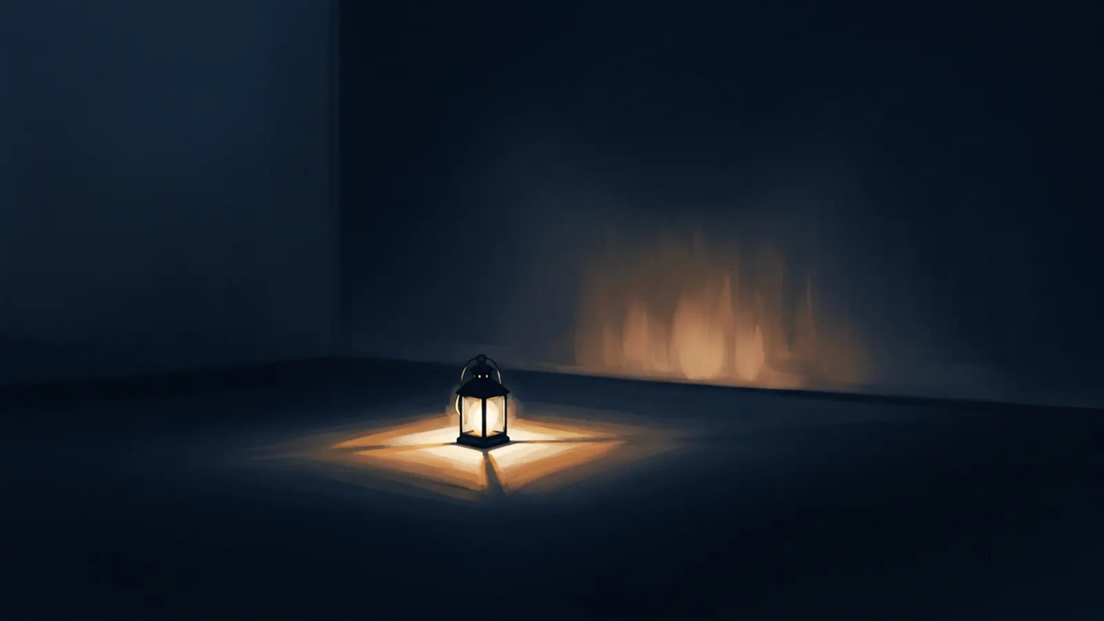 Editorial illustration of a single lit lantern casting a warm pool of light in a vast quiet dark room.
